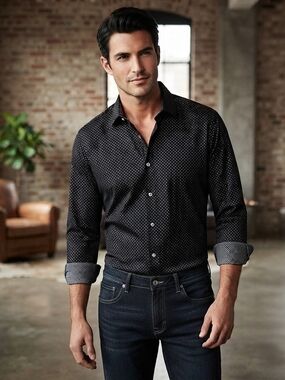 Men's Black Microdot Stretch Button-Up Shirt
